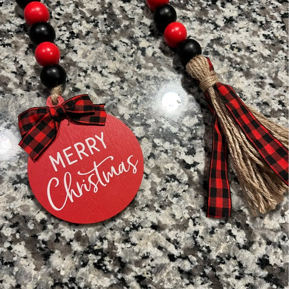 New! Black and red wooden bead garland, “merry Christmas” decor